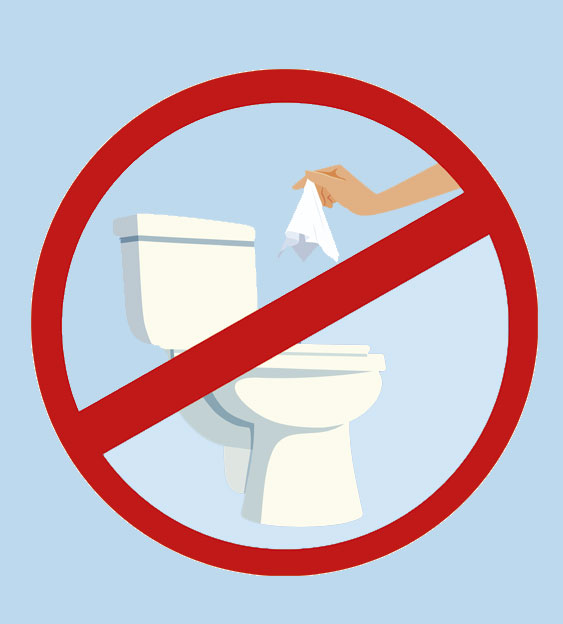 Ilustracion: un WC con una mano sosteniendo una toallita húmeda. Todo ello dentro de una señal de prohibido