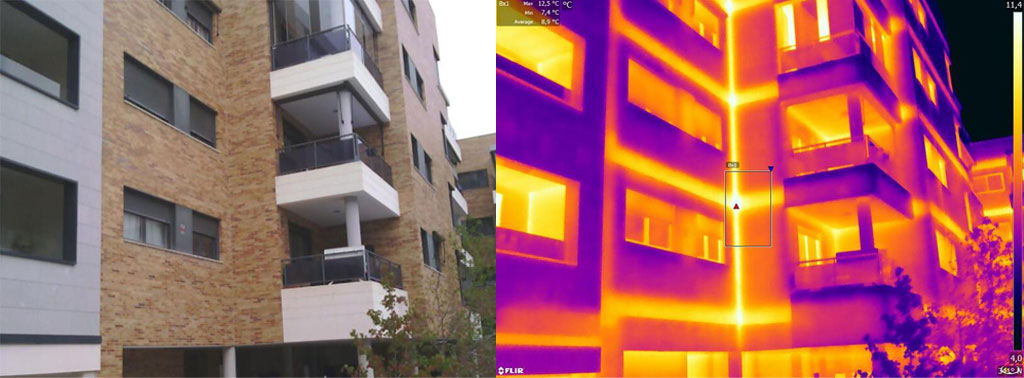 Comparativa foto real y foto realizada con cámara termográfica. La foto de la derecha muestra con una paleta de colores (de amarillos a morados), las diferenciasde temperatura en la superficie del edificio (en grados centígrados), permitiendo identificar aquellos puntos cuyo deficiente aislamiento permiten pérdidas de calor.