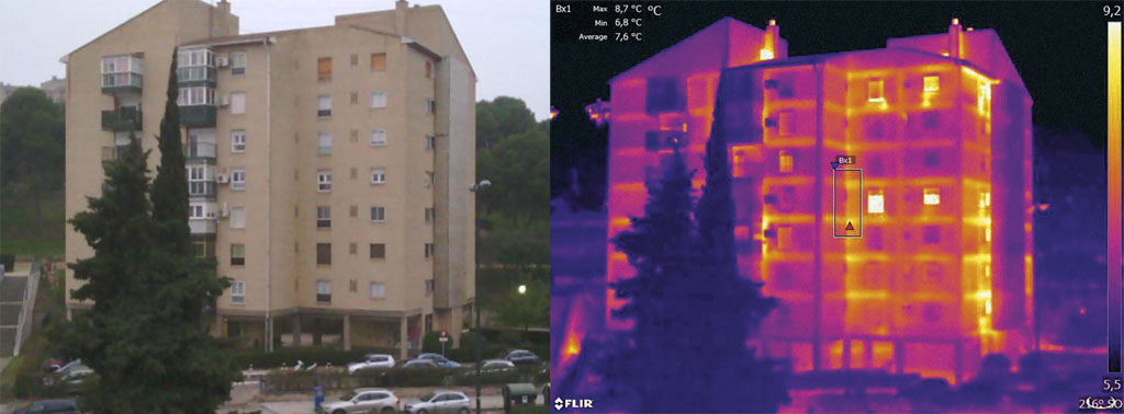Comparativa foto real y foto realizada con cámara termográfica. La foto de la derecha muestra con una paleta de colores (de amarillos a morados), las diferenciasde temperatura en la superficie del edificio (en grados centígrados), permitiendo identificar aquellos puntos cuyo deficiente aislamiento permiten pérdidas de calor.