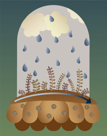 ilustracion que muestra En CONDICIONES POSINCIENCIO, las cenizas compactan el suelo, se genera un efecto de impermeabilidad que hace que la lluvia no penetre (hidrofobia) en el suelo, y que esta escurra (escorrentía) arrastrando suelo fértil y agua.