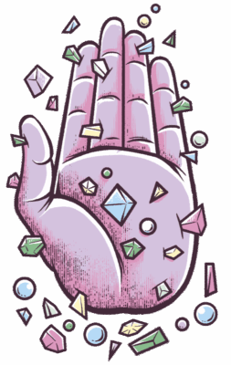 Ilustracion de una mano cubierta de microplásticos