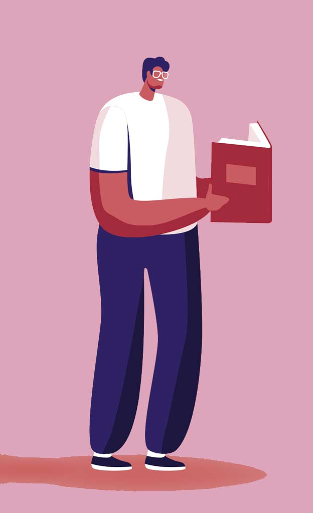 Ilustración en la que se ve a un hombre leyendo un libro de papel